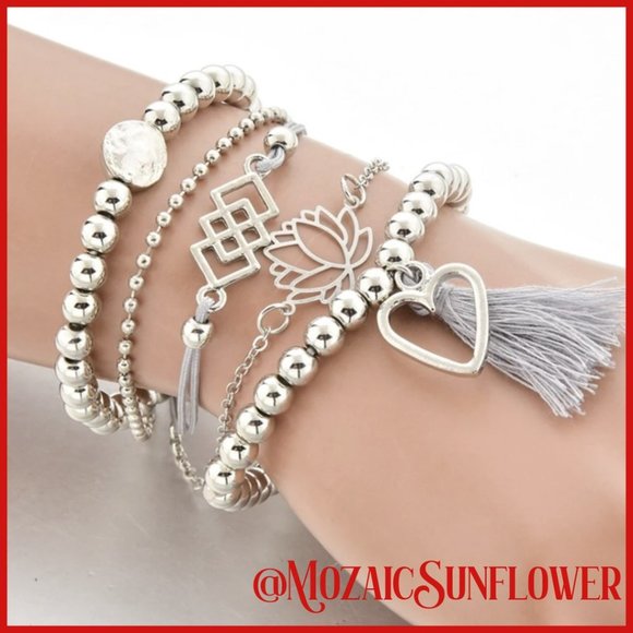 5 Piece Silver and Grey Color Bracelet Set BOUTIQUE Silver Milo - Picture 1 of 4